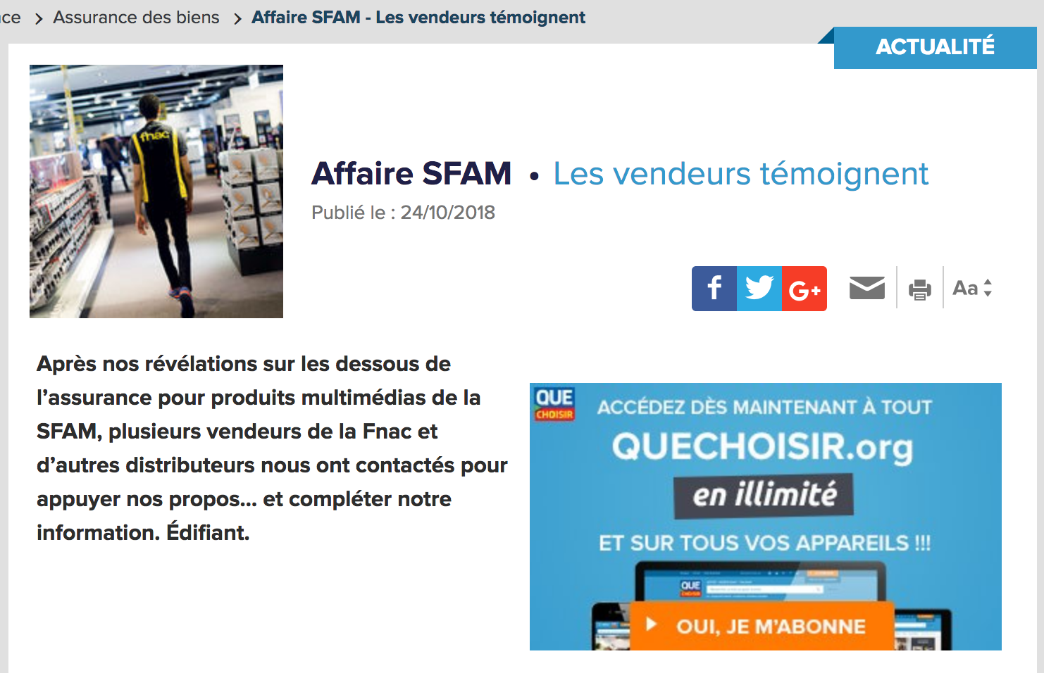 Que choisir : Affaire SFAM Les vendeurs témoignent… – Cgt Fnac